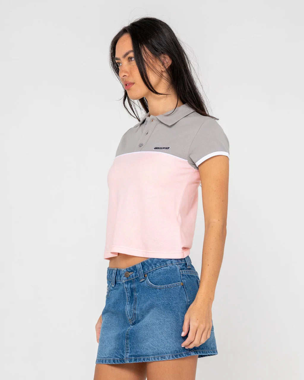 RUSTY INSERT DAD JOKE BABY POLO RETRO STRIPE FITTED TOP PINK GREY