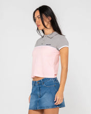 RUSTY INSERT DAD JOKE BABY POLO RETRO STRIPE FITTED TOP PINK GREY