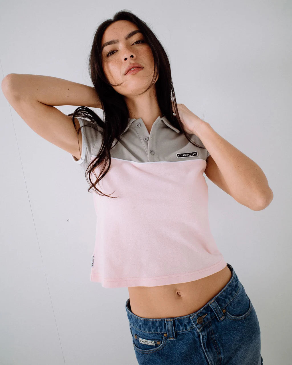 RUSTY INSERT DAD JOKE BABY POLO RETRO STRIPE FITTED TOP PINK GREY