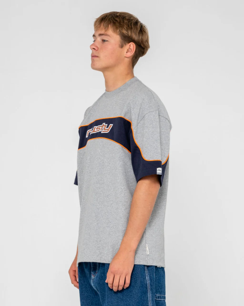 RUSTY KINETIC PANEL HEAVY TEE MENS PREMIUM STREET T-SHIRT GREY MARLE