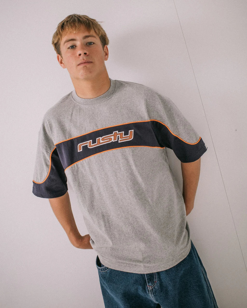 RUSTY KINETIC PANEL HEAVY TEE MENS PREMIUM STREET T-SHIRT GREY MARLE