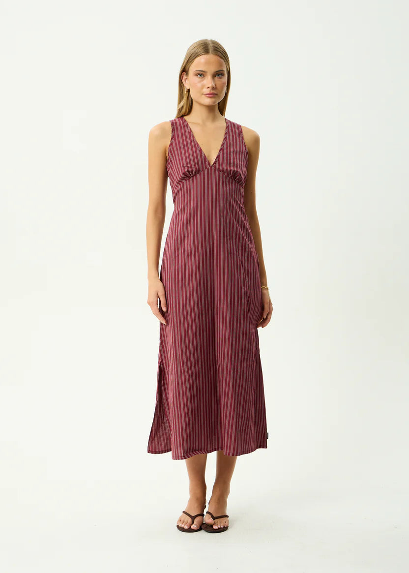 AFENDS LEDGER MAXI DRESS RECYCLED STRIPE SUMMER DRESS BURGUNDY
