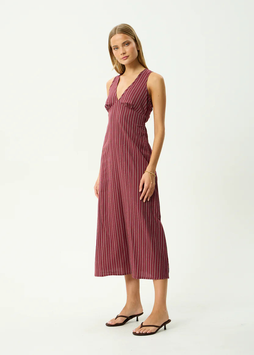 AFENDS LEDGER MAXI DRESS RECYCLED STRIPE SUMMER DRESS BURGUNDY