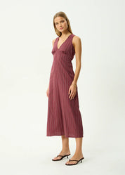 AFENDS LEDGER MAXI DRESS RECYCLED STRIPE SUMMER DRESS BURGUNDY
