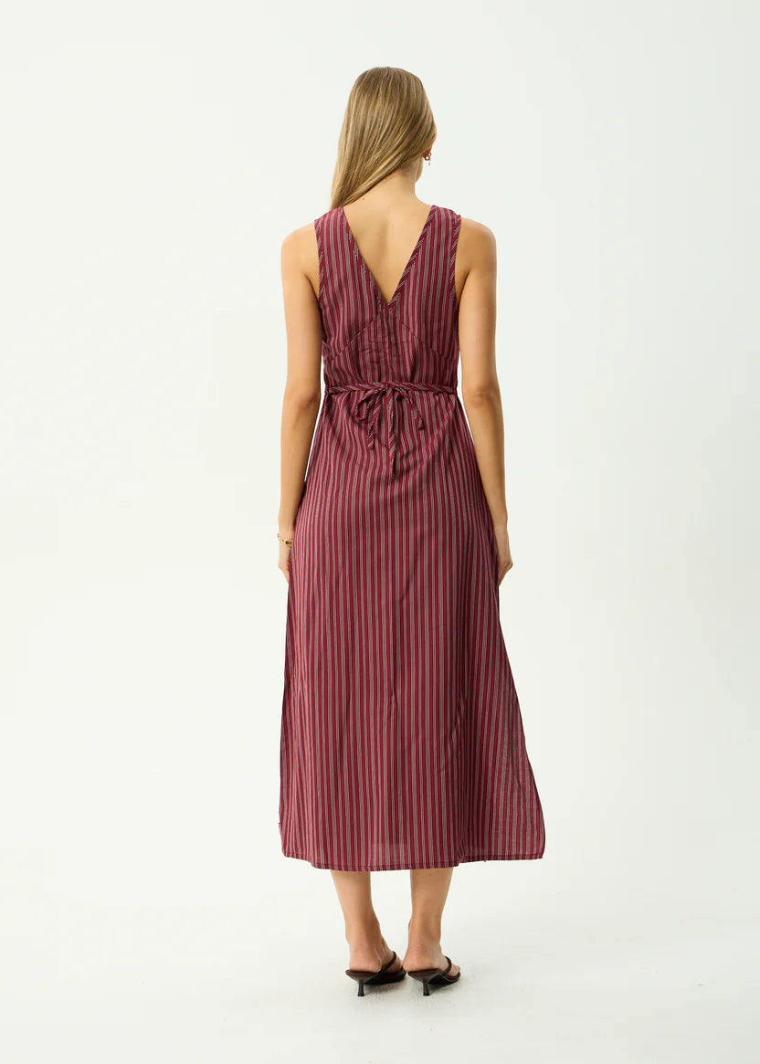 AFENDS LEDGER MAXI DRESS RECYCLED STRIPE SUMMER DRESS BURGUNDY