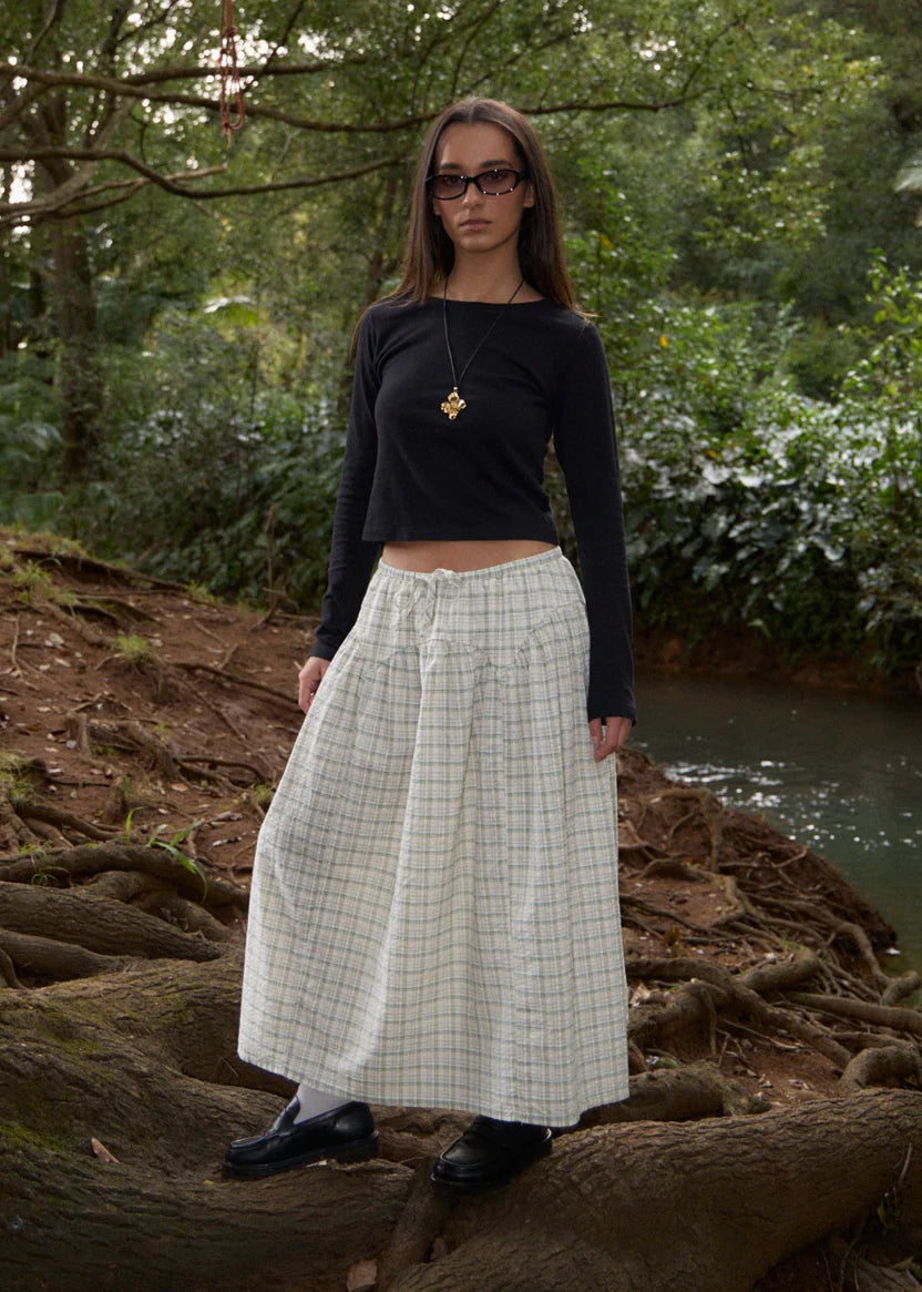 AFENDS LEGACY SEERSUCKER CHECK MIDI SKIRT WOMENS BOA CHECK ORGANIC COTTON