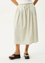 AFENDS LEGACY SEERSUCKER CHECK MIDI SKIRT WOMENS BOA CHECK ORGANIC COTTON