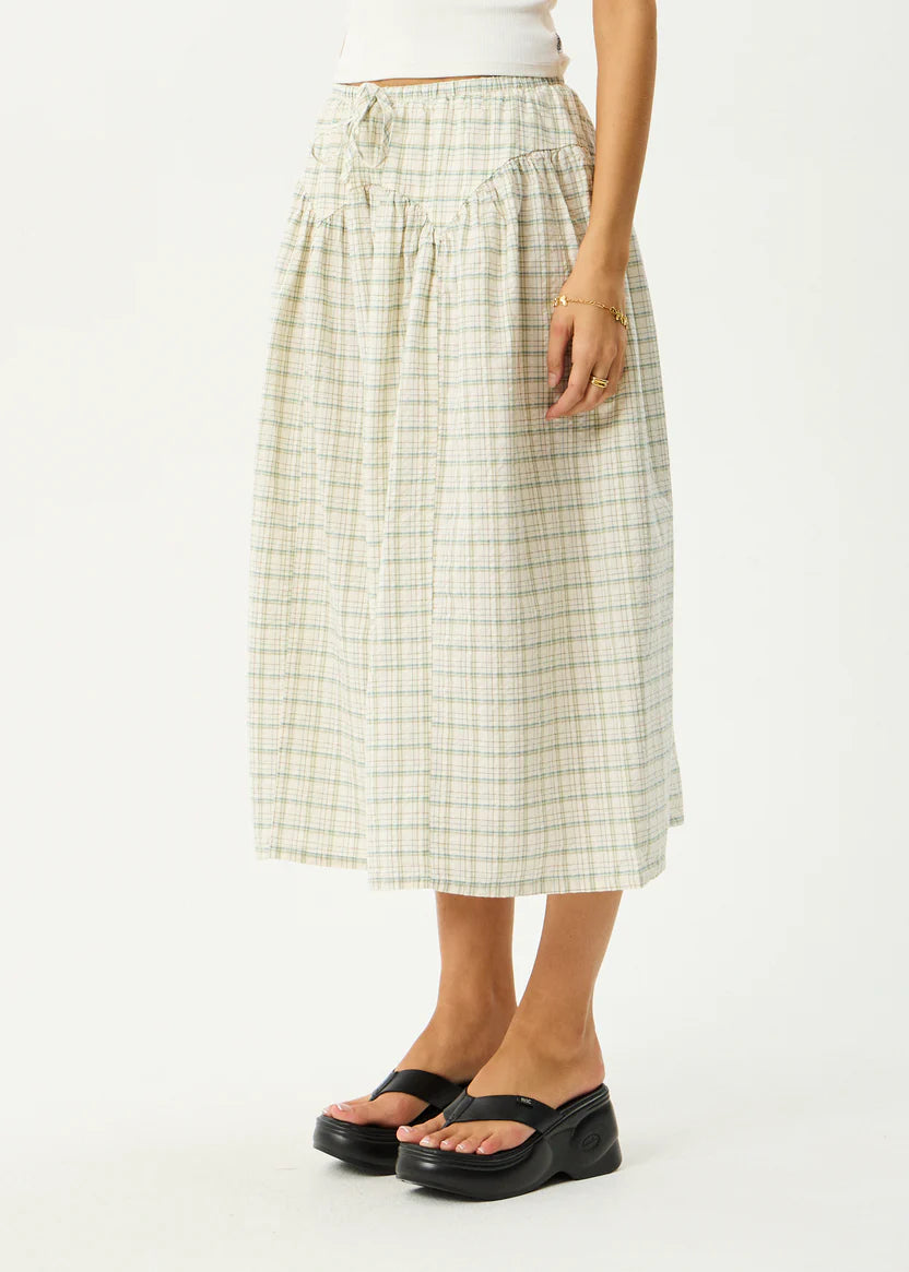 AFENDS LEGACY SEERSUCKER CHECK MIDI SKIRT WOMENS BOA CHECK ORGANIC COTTON