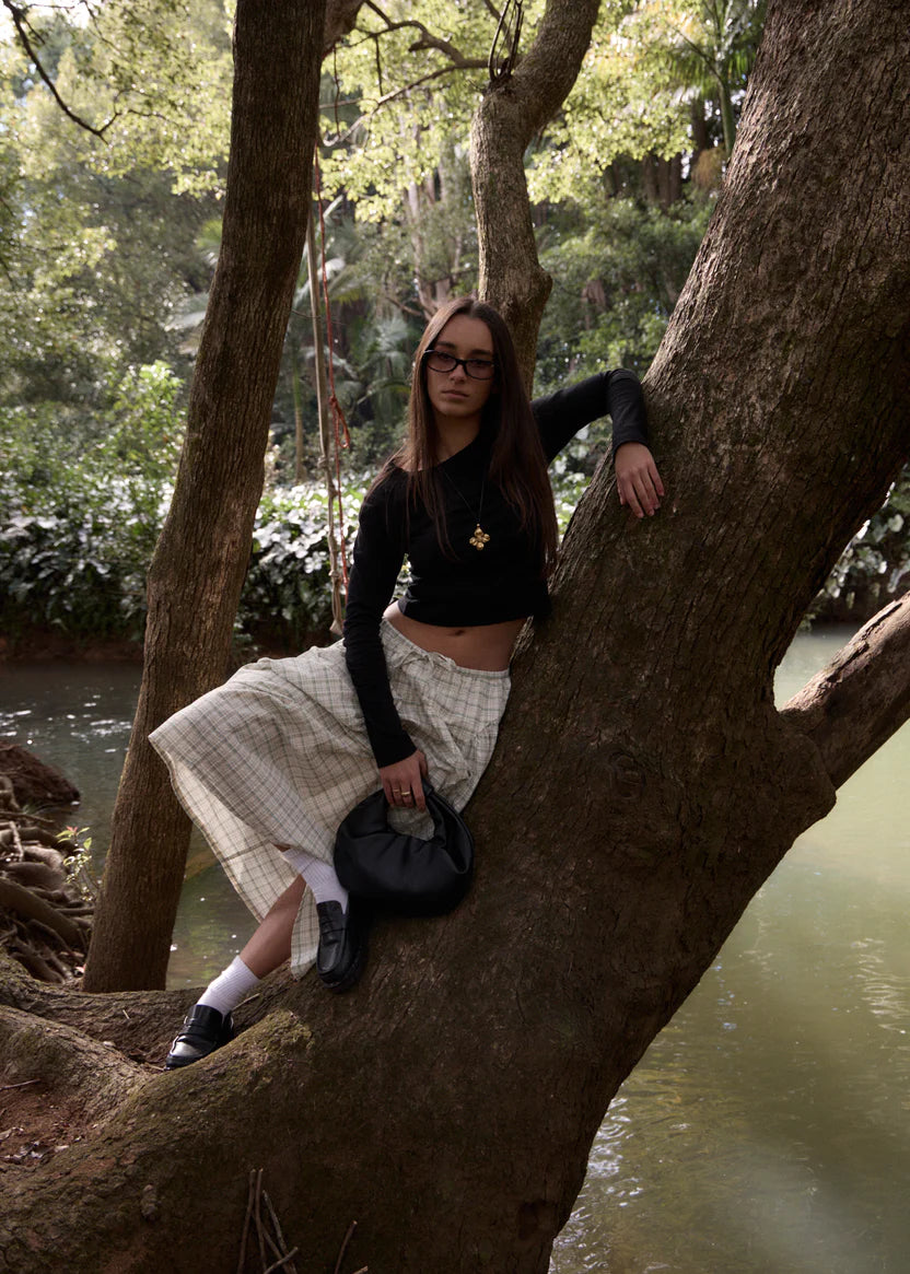 AFENDS LEGACY SEERSUCKER CHECK MIDI SKIRT WOMENS BOA CHECK ORGANIC COTTON