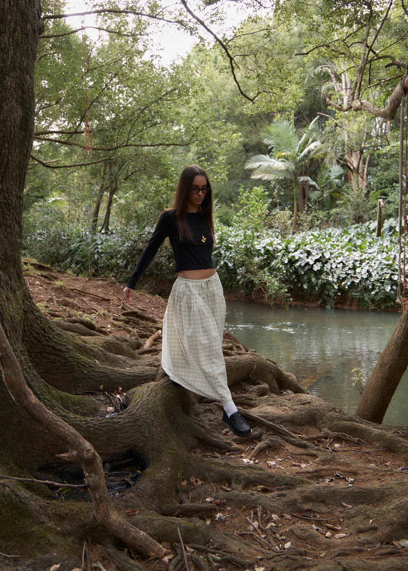 AFENDS LEGACY SEERSUCKER CHECK MIDI SKIRT WOMENS BOA CHECK ORGANIC COTTON