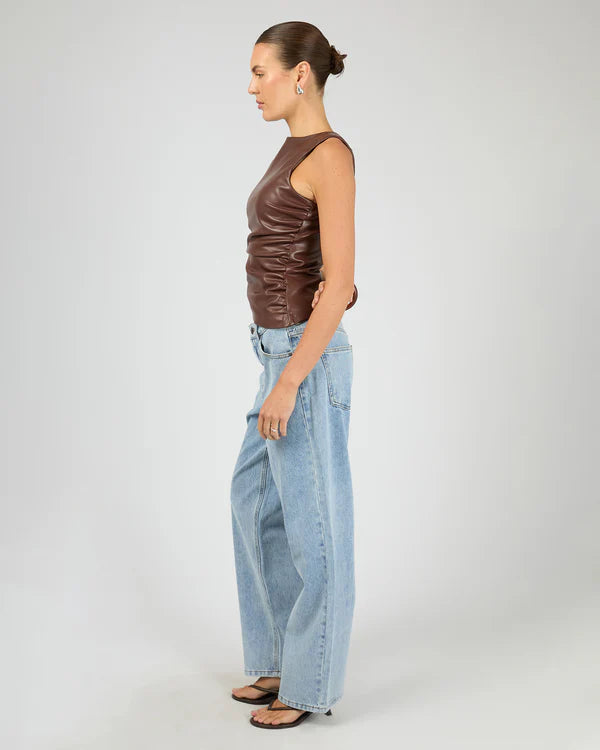 JORGE LIV ROUCHED TOP FAUX LEATHER ASYMMETRICAL WOMENS MAHOGANY