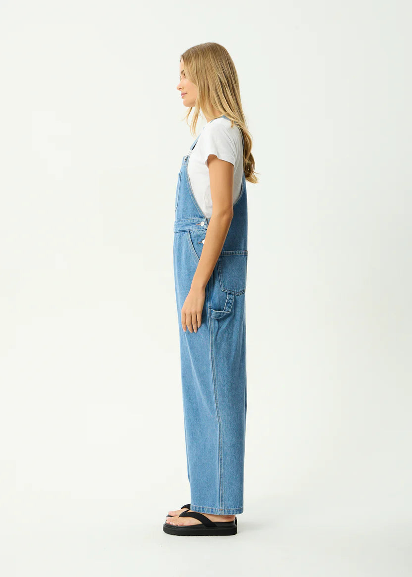 AFENDS LOUIS DENIM OVERSIZED OVERALLS BAGGY WIDE LEG WORN BLUE