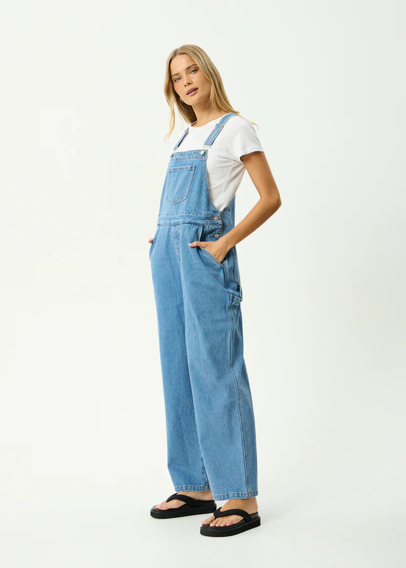 AFENDS LOUIS DENIM OVERSIZED OVERALLS BAGGY WIDE LEG WORN BLUE