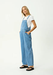 AFENDS LOUIS DENIM OVERSIZED OVERALLS BAGGY WIDE LEG WORN BLUE