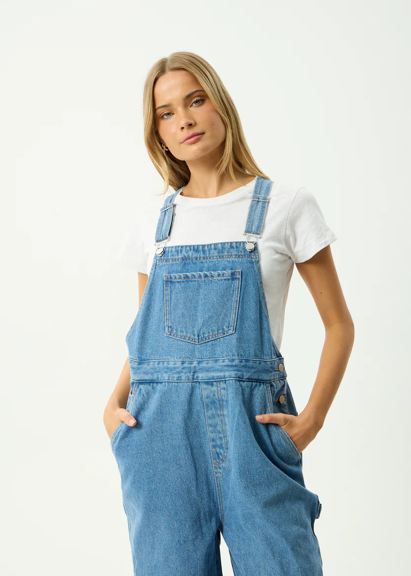 AFENDS LOUIS DENIM OVERSIZED OVERALLS BAGGY WIDE LEG WORN BLUE