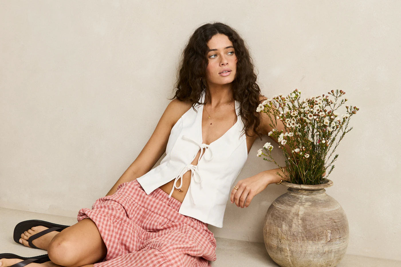 RHYTHM LOUISE TIE FRONT HALTER TOP WHITE