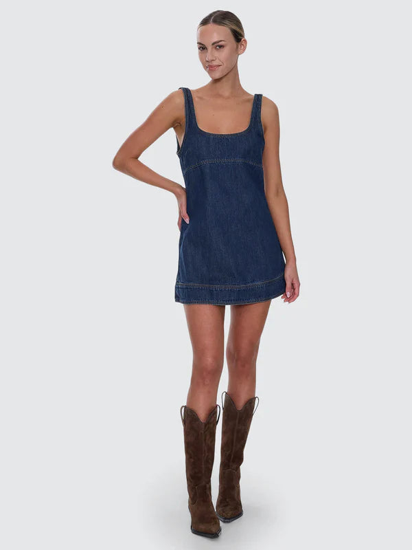 THRILLS LUCIANA DENIM MINI DRESS CLASSIC SUMMER FIT MID BLUE WASH