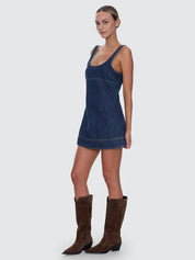 THRILLS LUCIANA DENIM MINI DRESS CLASSIC SUMMER FIT MID BLUE WASH