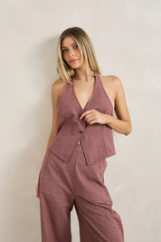 RHYTHM LUCY CHECK HALTER VEST WOMENS BUTTON FRONT RUST