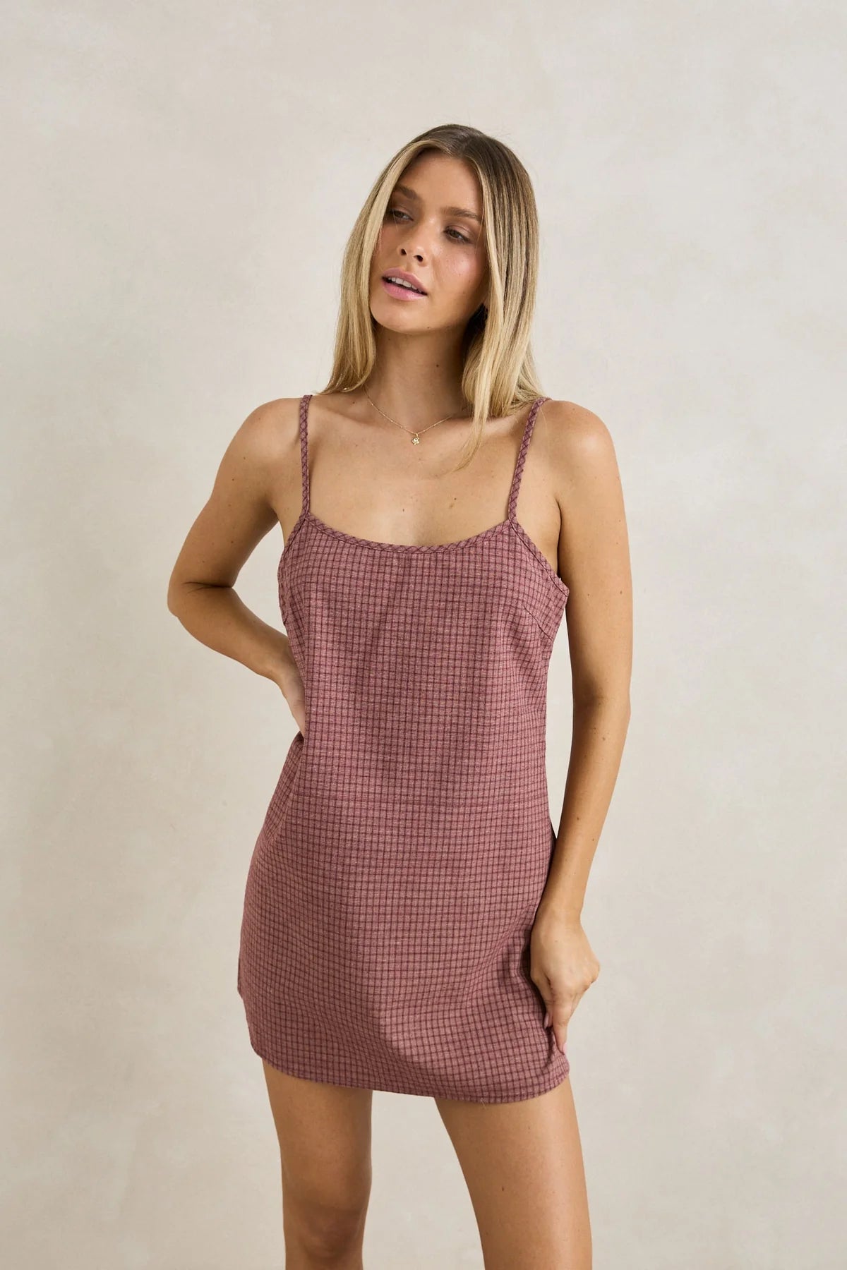 RHYTHM LUCY CHECK SLIP MINI DRESS WOMENS RUST