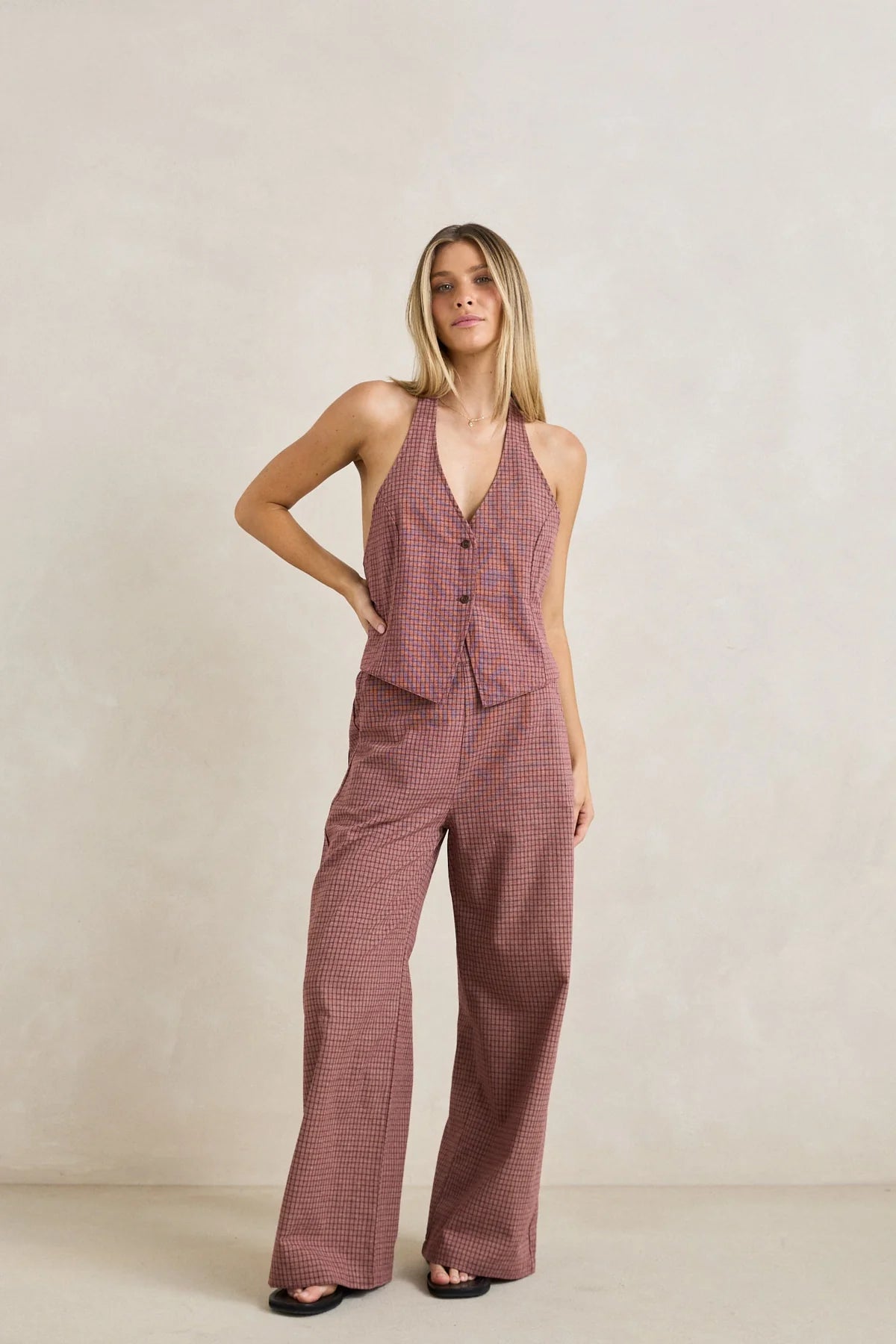 RHYTHM LUCY CHECK WIDE LEG PANT WOMENS HIGH RISE RUST