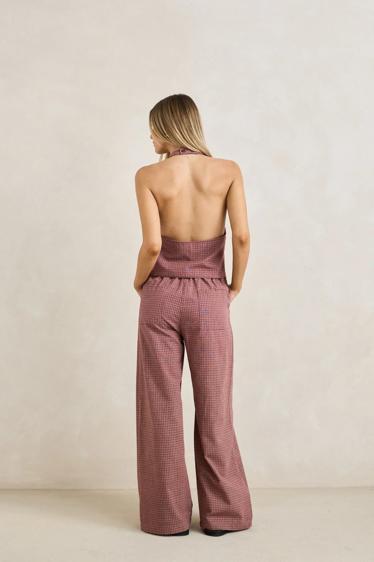RHYTHM LUCY CHECK WIDE LEG PANT WOMENS HIGH RISE RUST