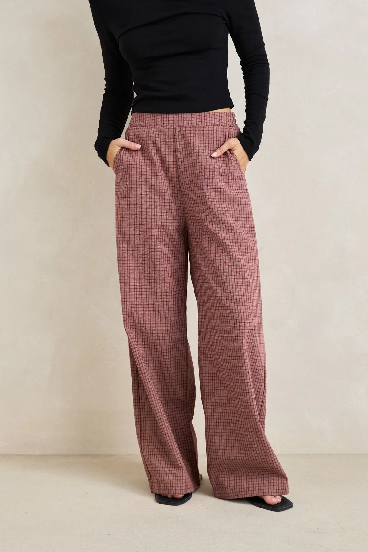 RHYTHM LUCY CHECK WIDE LEG PANT WOMENS HIGH RISE RUST