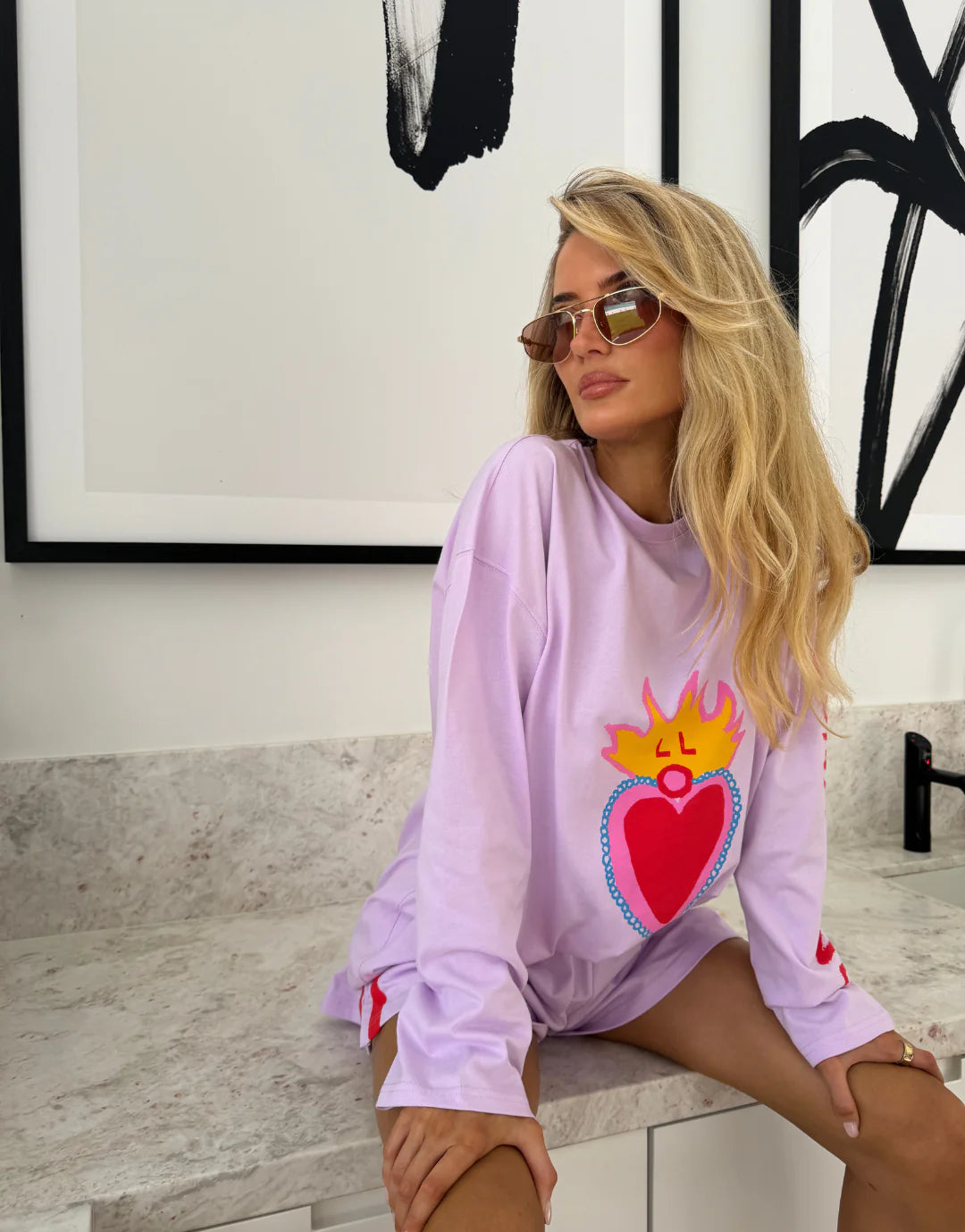 LUNA LANE HEARTS ON FIRE LONG SLEEVE TEE – WOMENS OVERSIZED COTTON LONG SLEEVE
