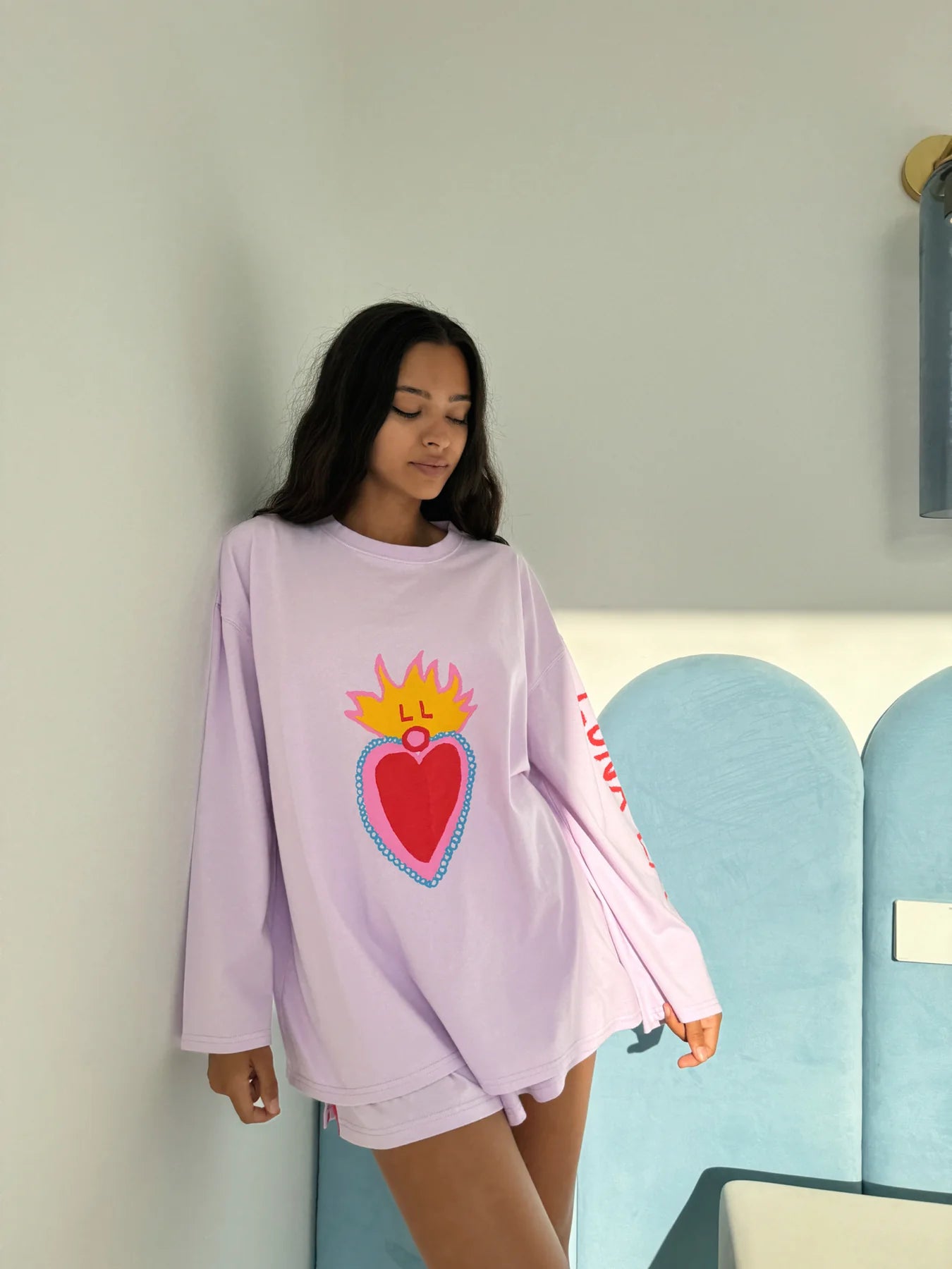 LUNA LANE HEARTS ON FIRE LONG SLEEVE TEE – WOMENS OVERSIZED COTTON LONG SLEEVE