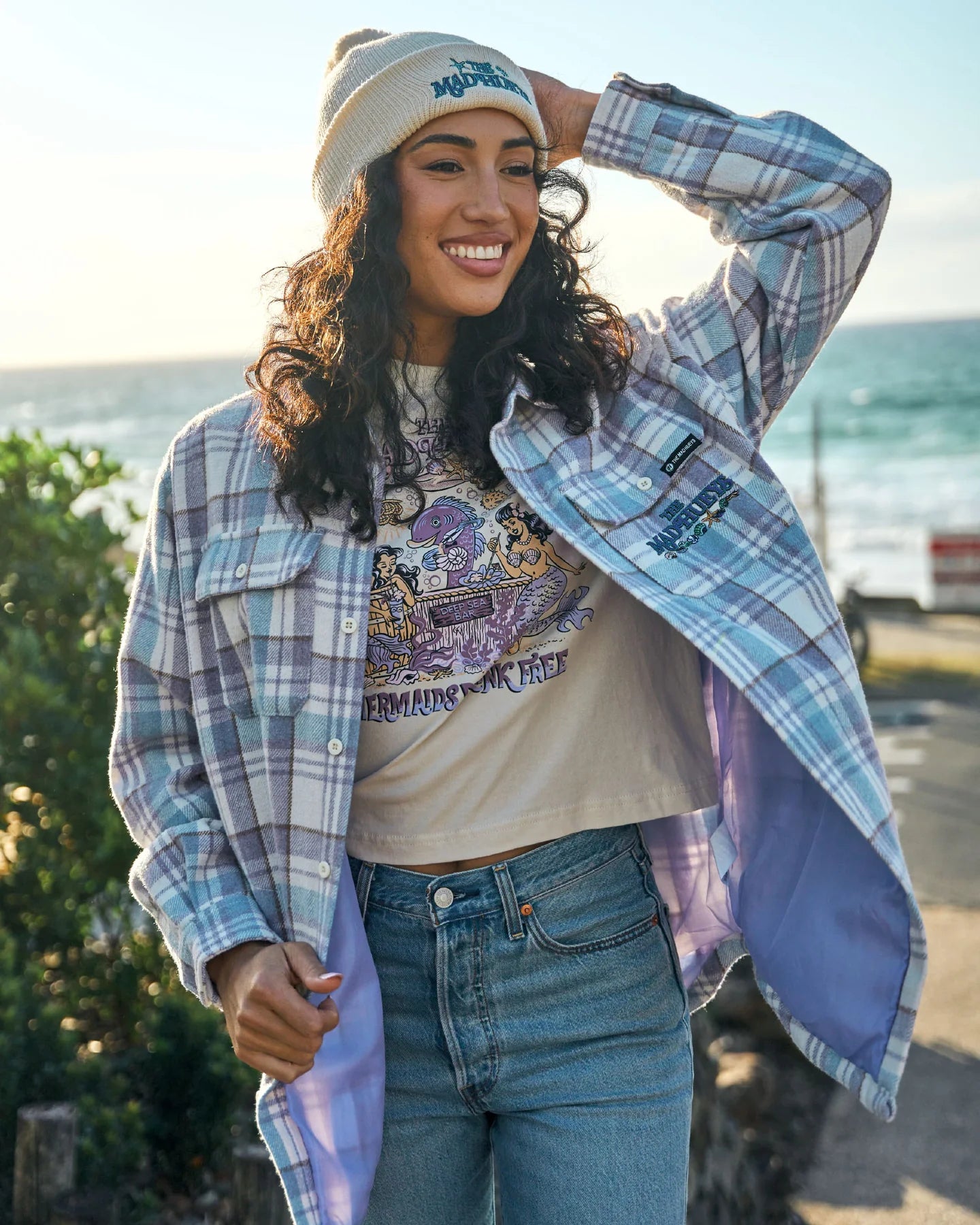 THE MAD HUEYS MERMAIDS DRINK FREE WOMENS OVERSIZED SHACKET COASTAL JACKET LAVENDER