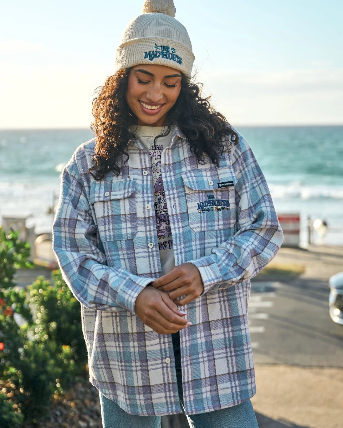 THE MAD HUEYS MERMAIDS DRINK FREE WOMENS OVERSIZED SHACKET COASTAL JACKET LAVENDER