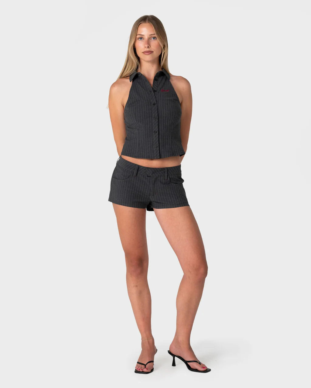RUSTY FINANCE MUMMY LOW RISE SUIT SHORT WOMENS GREY PIN STRIPE