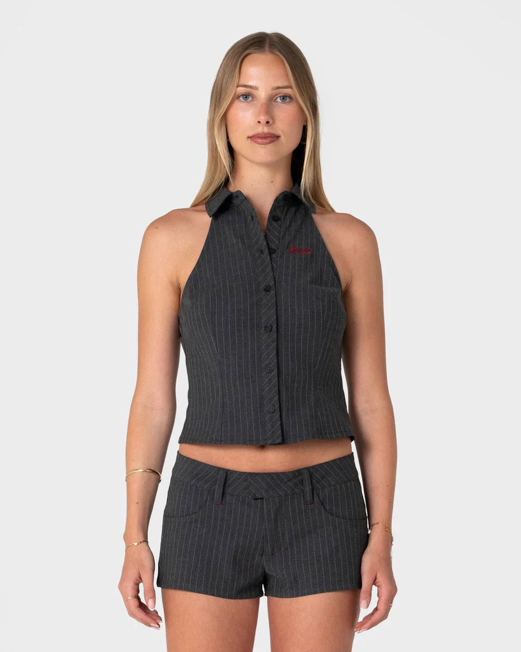 RUSTY MISSY MAY SLEEVELESS SHIRT WOMENS GREY PIN STRIPE