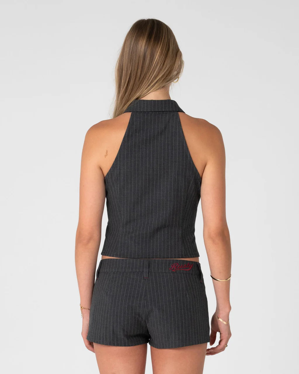 RUSTY MISSY MAY SLEEVELESS SHIRT WOMENS GREY PIN STRIPE