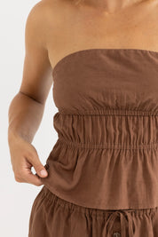 NADIA STRAPLESS TOP – WOMENS SLIM-FIT GATHERED PEPLUM BODICE TOP – CHOCOLATE