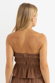 NADIA STRAPLESS TOP – WOMENS SLIM-FIT GATHERED PEPLUM BODICE TOP – CHOCOLATE