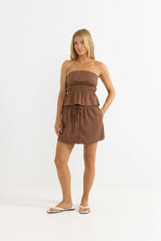 NADIA STRAPLESS TOP – WOMENS SLIM-FIT GATHERED PEPLUM BODICE TOP – CHOCOLATE