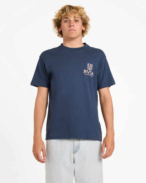 RVCA PALMGROVE MENS T SHIRT MOODY BLUE SURF SKATE GRAPHIC TEE