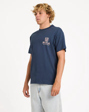 RVCA PALMGROVE MENS T SHIRT MOODY BLUE SURF SKATE GRAPHIC TEE