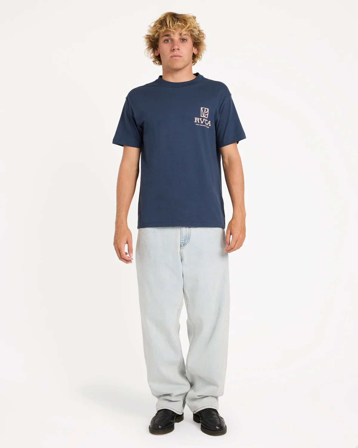 RVCA PALMGROVE MENS T SHIRT MOODY BLUE SURF SKATE GRAPHIC TEE