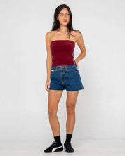 RUSTY PENNY KICK FLARE DENIM SHORT RETRO SUMMER FIT DEEP SEA BLUE