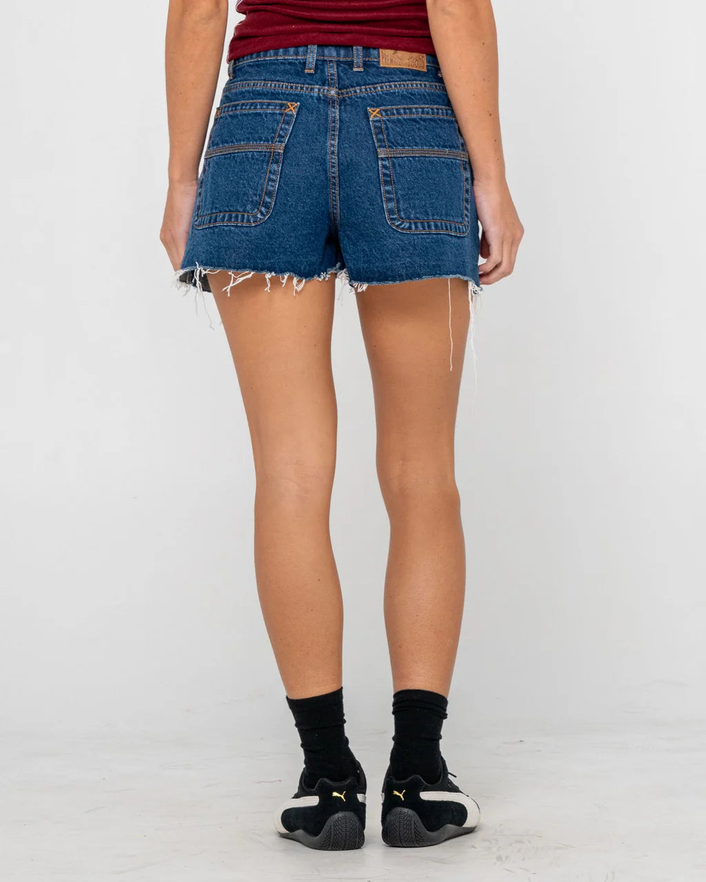 RUSTY PENNY KICK FLARE DENIM SHORT RETRO SUMMER FIT DEEP SEA BLUE