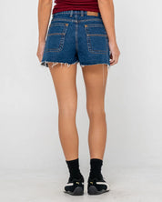 RUSTY PENNY KICK FLARE DENIM SHORT RETRO SUMMER FIT DEEP SEA BLUE