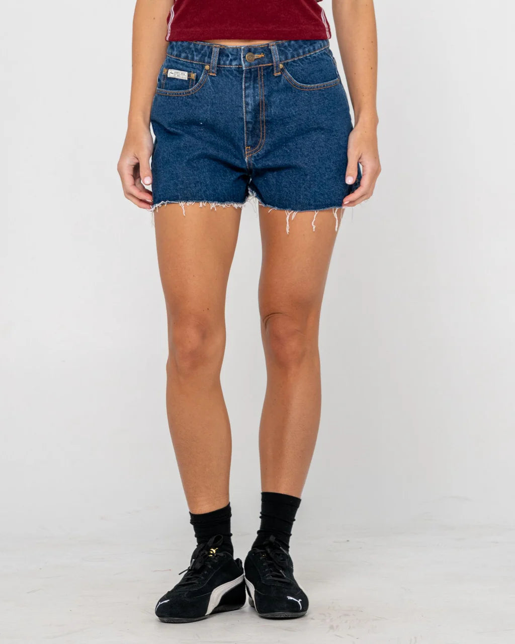 RUSTY PENNY KICK FLARE DENIM SHORT RETRO SUMMER FIT DEEP SEA BLUE