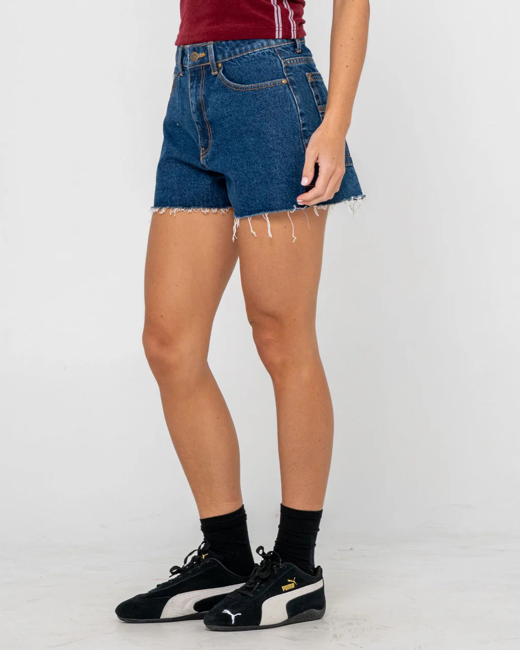 RUSTY PENNY KICK FLARE DENIM SHORT RETRO SUMMER FIT DEEP SEA BLUE