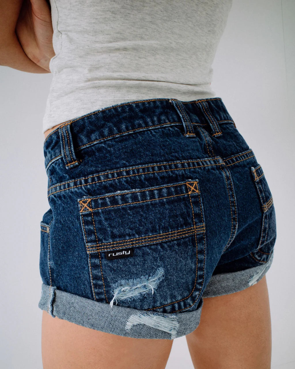 RUSTY PHEONIX DENIM MINI SHORT RETRO SUMMER FIT DEEP SEA BLUE WASH