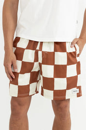 RHYTHM RHUMBA CHECK JAM MENS 20.5 INCH ELASTIC WAIST BROWN