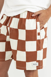 RHYTHM RHUMBA CHECK JAM MENS 20.5 INCH ELASTIC WAIST BROWN