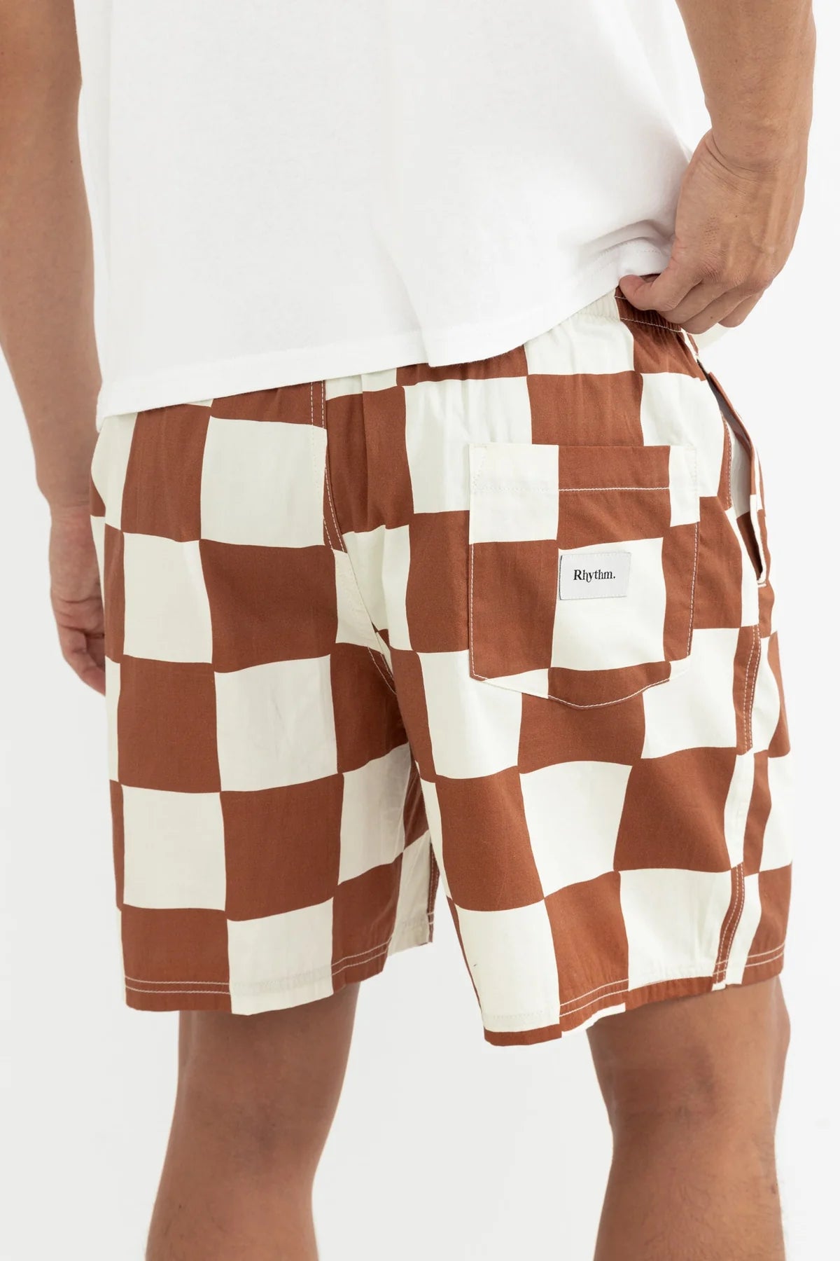 RHYTHM RHUMBA CHECK JAM MENS 20.5 INCH ELASTIC WAIST BROWN