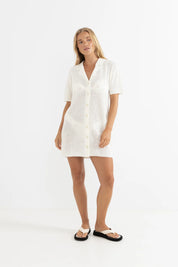 RHYTHM ABBY KNIT SHIRT DRESS – RELAXED CUBAN COLLAR SHORT SLEEVE KNIT DRESS – CREAM